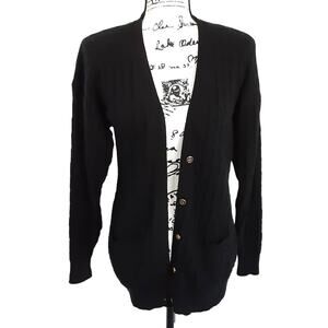 Vintage 90s Cable Knit Cardigan Sweater Long Line Black Angora Lambswool Women L